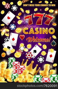 Casino wheel of fortune, dice and playing cards poster. Vector gambling game roulette with jackpot sparkling golden coins splash, victory crown and poker gamble token chips. Gamble games, casino poker wheel of fortune dice