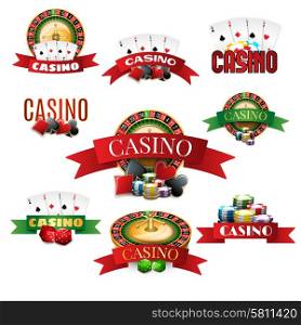 Casino with cards roulette chips and dice emblems set realistic shadow isolated vector illustration . Casino emblems set