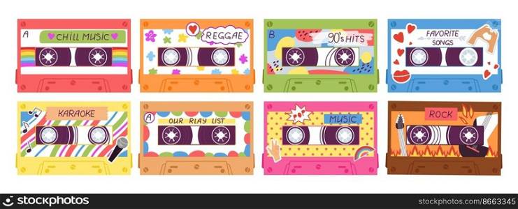 Cassette. 80s 90s audio tapes, retro music technology. Cartoon flat cassettes with stickers, mix songs, pop hits romantic and disco, decent vector kit of sound media record illustration. Cassette. 80s 90s audio tapes, retro music technology. Cartoon flat cassettes with stickers, mix songs, pop hits romantic and disco, decent vector kit