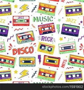 Cassette pattern. 90s, 80s and 70s retro music seamless texture. Pop art graphic template. Old sound recording, lightning and curved lines. Vector rock musical background for textile and wallpaper. Cassette pattern. 90s, 80s and 70s retro music seamless texture. Old sound recording, lightning and curved lines. Vector rock musical background for textile and wallpaper templates