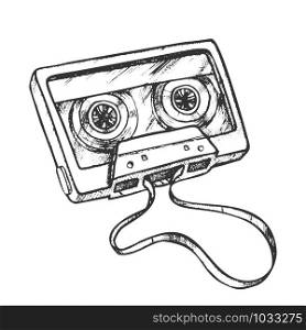Cassette Tape For Listening Music Retro Vector. Old Audio Cassette With Audiotape For Player Record Device Engraving Concept Template Hand Drawn In Vintage Style Black And White Illustration. Cassette Tape For Listening Music Retro Vector