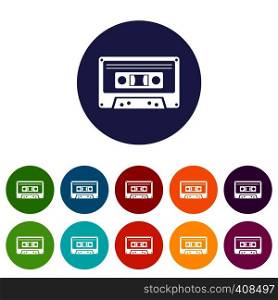 Cassette tape set icons in different colors isolated on white background. Cassette tape set icons