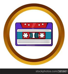 Cassette tape vector icon in golden circle, cartoon style isolated on white background. Cassette tape vector icon, cartoon style