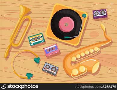 Cassette tapes, vinyl player and musical instruments on table. Tapes, record player, saxophone, trumpet and headphones cartoon illustration. Nostalgia, music, retro technology design, vintage concept