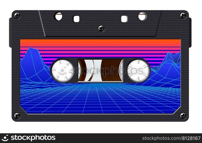 Cassette with retro label as vintage object for 80s revival mix tape design, party poster or cover. Realistic vector sign or icon. Cassette with retro label as vintage object for 80s revival mix tape design