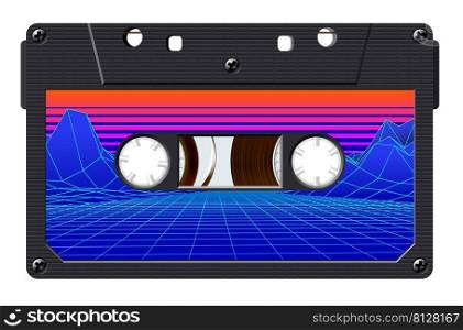 Cassette with retro label as vintage object for 80s revival mix tape design, party poster or cover. Realistic vector sign or icon. Cassette with retro label as vintage object for 80s revival mix tape design