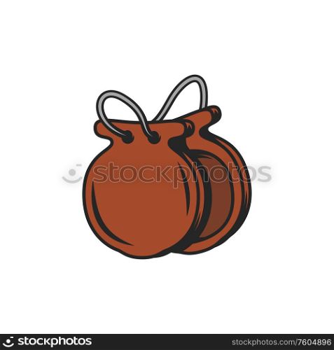 Castanets isolated clackers. Vector percussion musical instrument, Spanish palillos, crotalum clappers. Retro castanets music instrument isolated clackers