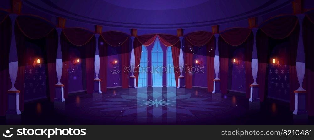 Castle ballroom, night empty palace hall interior with glowing lamps, floor-to-ceiling window and curtains. Room with marble pillars and tiled floor, antique architecture. Cartoon vector Illustration. Castle ballroom, night empty palace hall interior