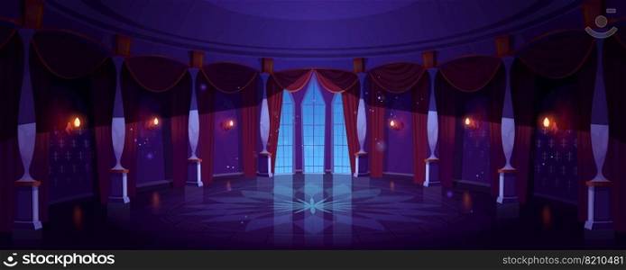 Castle ballroom, night empty palace hall interior with glowing lamps, floor-to-ceiling window and curtains. Room with marble pillars and tiled floor, antique architecture. Cartoon vector Illustration. Castle ballroom, night empty palace hall interior