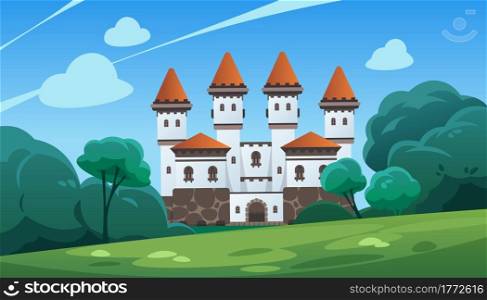 Castle. Cartoon landscape with medieval stronghold and forest. Scenic view of royal fortified building. European architecture. Fairy tale ancient palace. White historic towers. Vector illustration. Castle. Cartoon landscape with medieval stronghold and forest. Scenic view of fortified building. European architecture. Fairy tale palace. White historic towers. Vector illustration