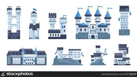 Castle. Cartoon medieval palace or fort with towers and flags. Ancient stone fairy architecture. Isolated historic fortified buildings set. Old military protective constructions. Vector strongholds. Castle. Cartoon medieval palace or fort with towers and flags. Ancient stone architecture. Isolated historic fortified buildings set. Military protective constructions. Vector strongholds