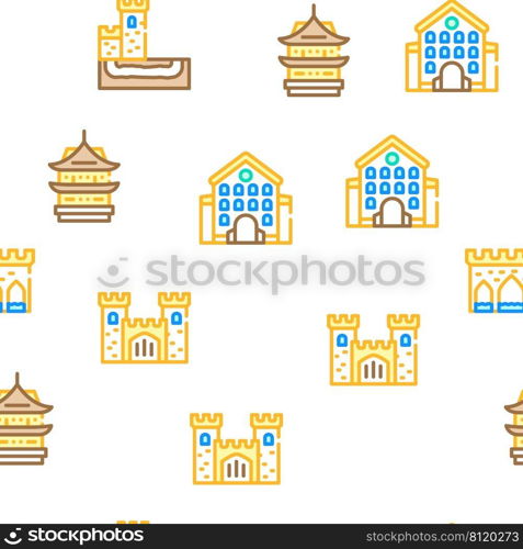 Castle Construction Vector Seamless Pattern Color Line Illustration. Castle Construction Vector Seamless Pattern