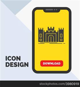 Castle, defense, fort, fortress, landmark Glyph Icon in Mobile for Download Page. Yellow Background