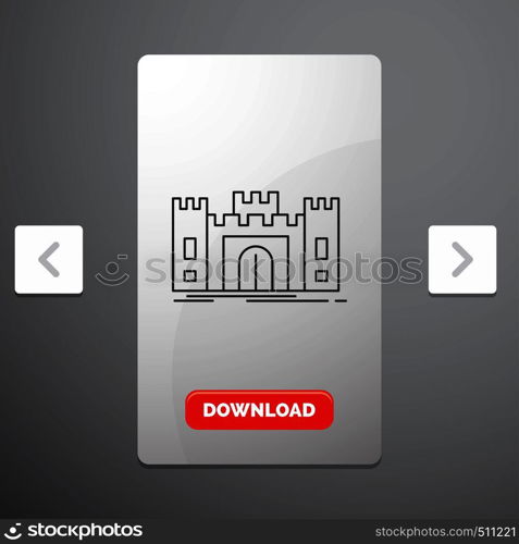 Castle, defense, fort, fortress, landmark Line Icon in Carousal Pagination Slider Design & Red Download Button. Vector EPS10 Abstract Template background