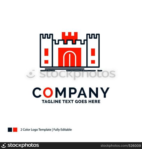 Castle, defense, fort, fortress, landmark Logo Design. Blue and Orange Brand Name Design. Place for Tagline. Business Logo template.