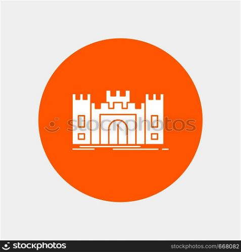 Castle, defense, fort, fortress, landmark White Glyph Icon in Circle. Vector Button illustration. Vector EPS10 Abstract Template background