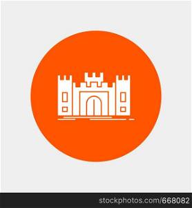 Castle, defense, fort, fortress, landmark White Glyph Icon in Circle. Vector Button illustration. Vector EPS10 Abstract Template background