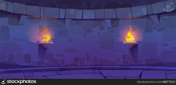 Castle dungeon interior with stone brick walls and torches. Empty basement of medieval temple, palace or fort tower with fire on wall at night, vector cartoon illustration. Castle dungeon interior with torches