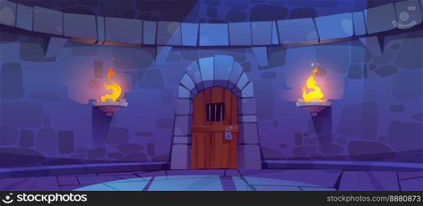 Castle dungeon with old wooden door. Vector cartoon illustration of medieval building stone wall, locked prison entrance illuminated with torch fire at night. Fortress tower facade for game background. Castle dungeon with old wooden door