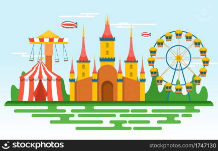 Castle Ferris Wheel Amusement Park Happy Holiday Illustration