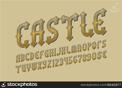 Castle golden alphabet with numbers and currency Vector Image