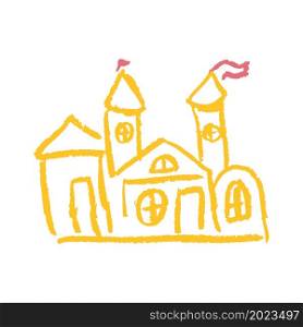 Castle. Icon in hand draw style. Drawing with wax crayons, colored chalk, children&rsquo;s creativity. Vector illustration. Sign, symbol, pin, sticker. Icon in hand draw style. Drawing with wax crayons, children&rsquo;s creativity