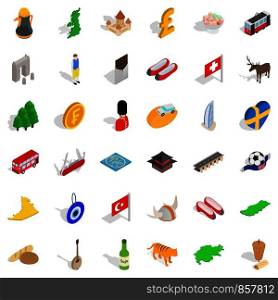 Castle icons set. Isometric style of 36 castle vector icons for web isolated on white background. Castle icons set, isometric style