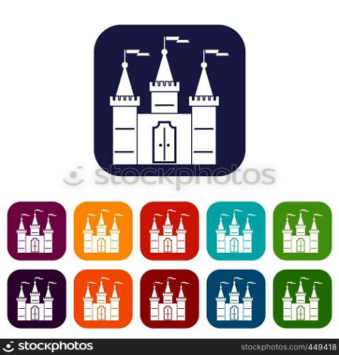 Castle icons set vector illustration in flat style In colors red, blue, green and other. Castle icons set flat