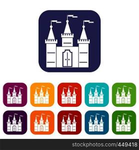 Castle icons set vector illustration in flat style In colors red, blue, green and other. Castle icons set flat