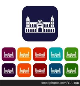 Castle icons set vector illustration in flat style in colors red, blue, green, and other. Castle icons set