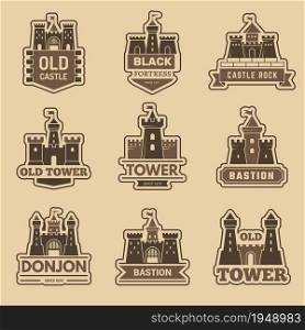 Castle logo. Medieval architectural castles with towers fort silhouettes vector monochrome logotype collection. Illustration building fort, history logo medieval. Castle logo. Medieval architectural castles with towers fort silhouettes vector monochrome logotype collection