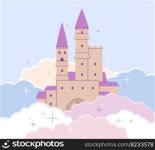 Castle medieval background. Fairytale pink fort in cartoon clouds. Princess fantasy building, tale magic palace. Baby fortress decent vector design of magic castle or palace fantasy illustration. Castle medieval background. Fairytale pink fort in cartoon clouds. Princess fantasy building, tale magic palace. Baby fortress decent vector design