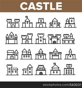 Castle, Medieval Buildings Linear Vector Icons Set. Castle, Palace Facade Symbols Pack. Exterior Simple Pictograms Collection. Isolated Fortress Signs. Royal Mansion And Towers Outline Illustrations. Castle, Medieval Buildings Linear Vector Icons Set