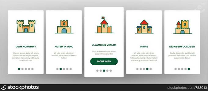 Castle, Medieval Buildings Vector Onboarding Mobile App Page Screen. Castle, Palace Facade. Exterior Simple. Isolated Fortress Signs. Royal Mansion And Towers Illustrations. Castle, Medieval Buildings Vector Onboarding Mobile App Page Screen