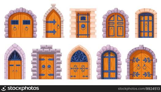 Castle medieval doors. Cartoon ancient fortress wooden gates, medieval kingdom castles gate vector illustration set. Medieval tower arch doors. Stone arch with metal hinges for entry. Castle medieval doors. Cartoon ancient fortress wooden gates, medieval kingdom castles gate vector illustration set. Medieval tower arch doors