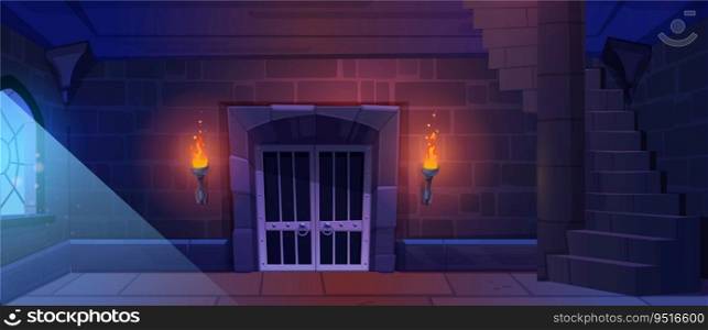 Castle medieval prison with stone wall. Game dungeon room with door and window empty dark interior. Night ancient indoor jail in palace with gate in fortress tower. 2d rock kingdom building scene. Castle medieval dungeon prison with stone wall