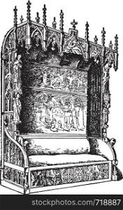 Castle room bench, of Gothic style, late fifteenth century, vintage engraved illustration. Industrial encyclopedia E.-O. Lami - 1875.