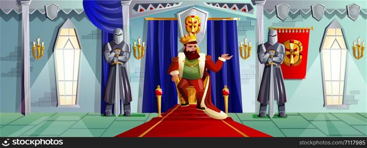 Castle room vector cartoon illustration. Ballroom interior in medieval palace with king in golden crown on royal throne, armed knights in metal armor, tapestries on stone walls, game background. Castle room vector cartoon illustration