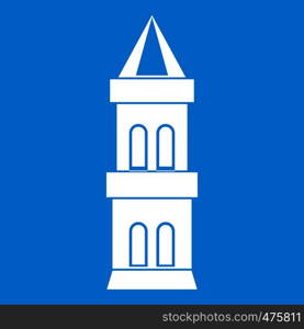 Castle tower icon white isolated on blue background vector illustration. Castle tower icon white