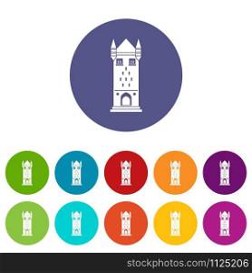 Castle tower icons color set vector for any web design on white background. Castle tower icons set vector color