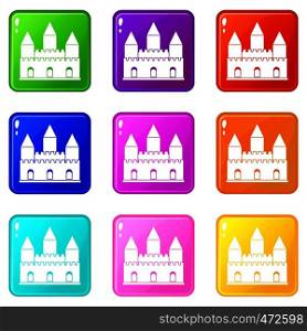 Castle tower icons of 9 color set isolated vector illustration. Castle tower icons 9 set