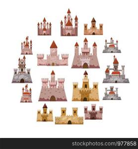 Castle tower icons set. Cartoon illustration of 16 castle tower vector icons for web. Castle tower icons set, cartoon style