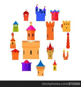 Castle tower icons set color. Cartoon illustration of 16 castle tower color vector icons for web. Castle tower icons set color, cartoon style