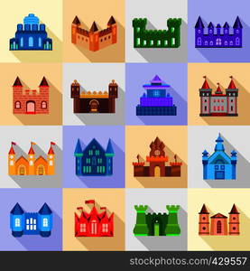 Castle tower icons set. Flat illustration of 16 castle tower vector icons for web. Castle tower icons set, flat style