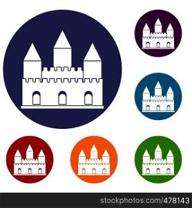 Castle tower icons set in flat circle red, blue and green color for web. Castle tower icons set