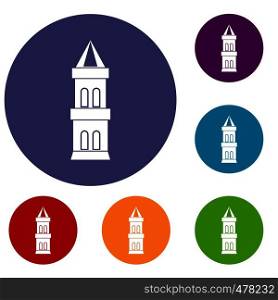Castle tower icons set in flat circle red, blue and green color for web. Castle tower icons set
