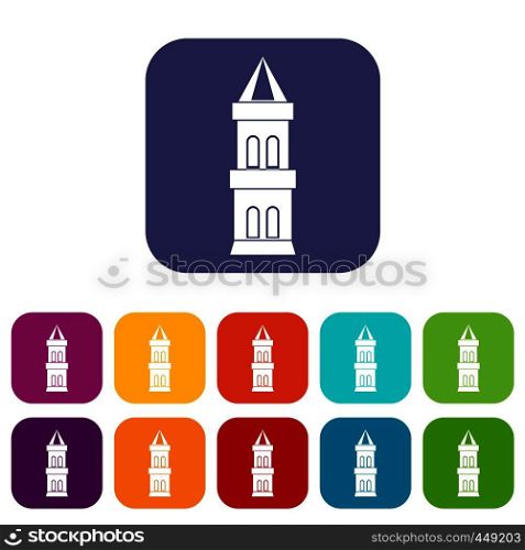 Castle tower icons set vector illustration in flat style In colors red, blue, green and other. Castle tower icons set flat