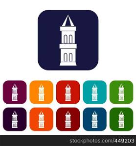 Castle tower icons set vector illustration in flat style In colors red, blue, green and other. Castle tower icons set flat