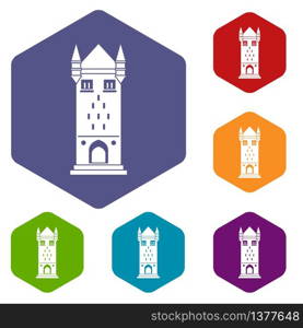 Castle tower icons vector colorful hexahedron set collection isolated on white. Castle tower icons vector hexahedron