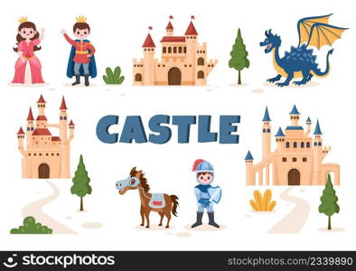 Castle with Prince, Queen and Knight Elements Collection, Majestic Palace Architecture in Cartoon Flat Style Illustration